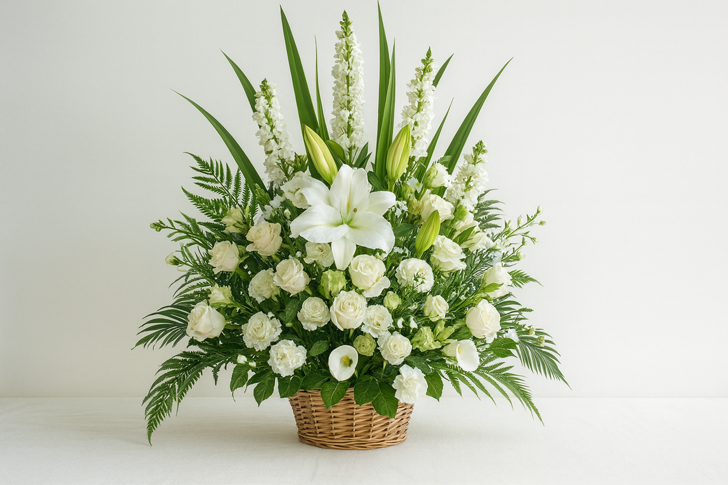 Composizione elegante cesto vimini fiori bianchi fiorista Gozzano La Bottega dei fiori