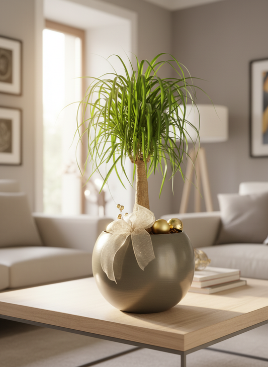 Pianta Beaucarnea con foglie lunghe e ricadenti, collocata in un vaso grigio moderno dalla linea pulita