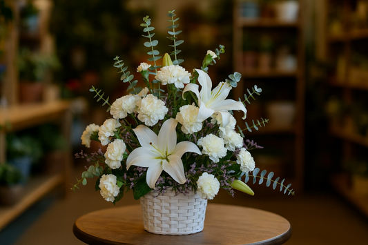 Cesto funebre elegante con fiori freschi di stagione e nastro personalizzabile