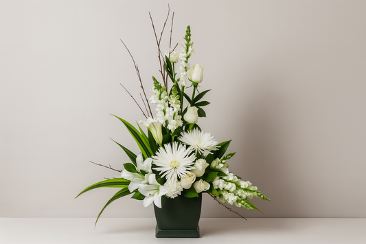 Composizione floreale minimalista di fiori bianchi freschi, elegante e semplice, alta circa 60 cm e larga 40 cm, ideale per tombe e omaggi funebri.