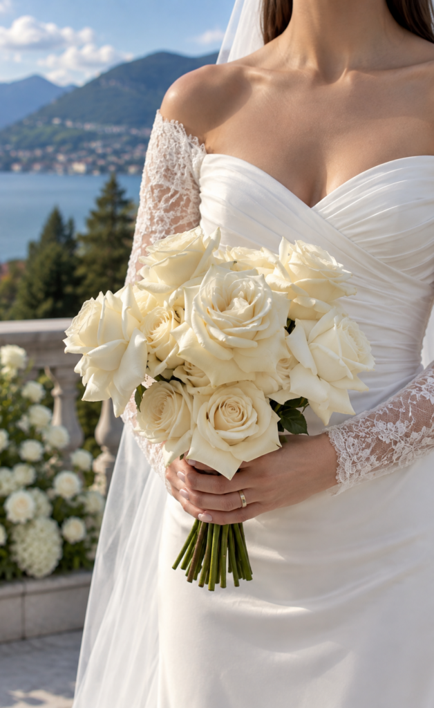 White rose bridal bouquet for a Villa Muggia wedding in Stresa