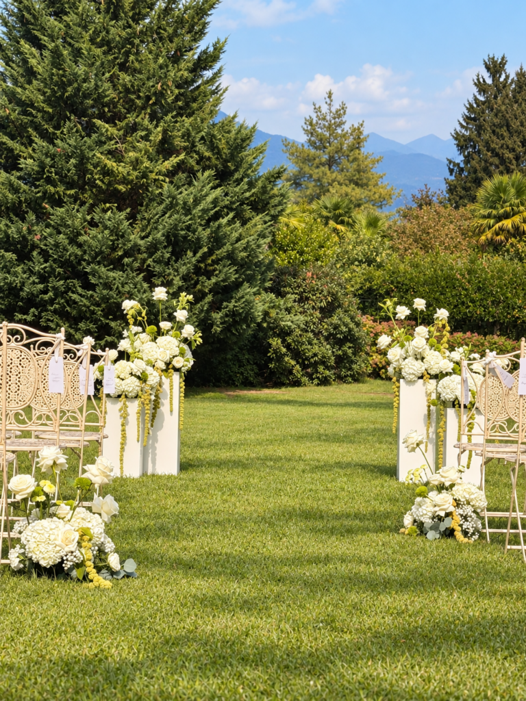 White rose and hydrangea wedding flowers for an outdoor ceremony at Villa Muggia